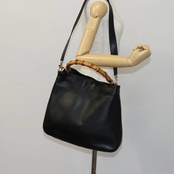GUCCI Bamboo Hand Bag Leather 2way Black Gold - Picture 14 of 16